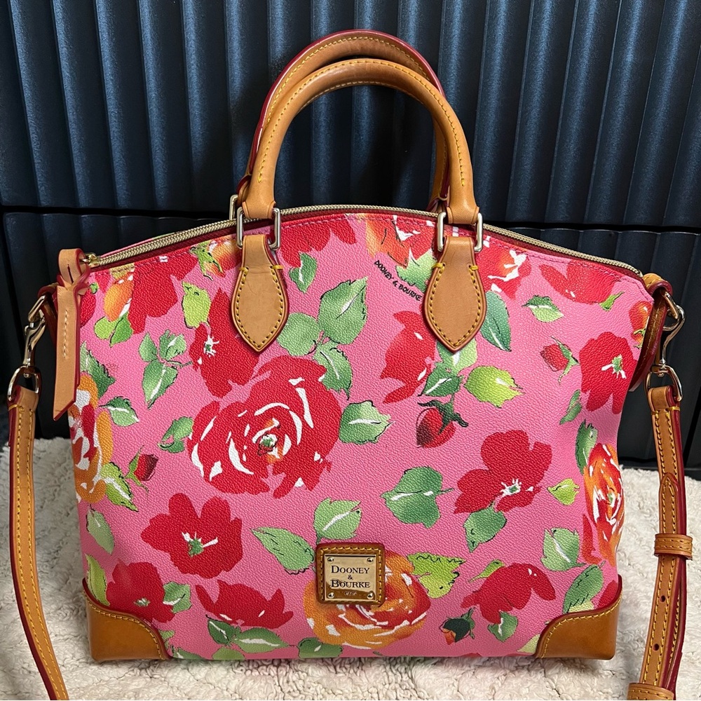 Dooney & Bourke Floral Satchel Crossbody Bag Pink Red Flowers Green Tan Leather